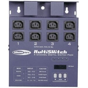 Showtec MultiSwitch, 4 kanaals switchpack, IEC uitgangen Dimmer en Switch J&H licht en geluid