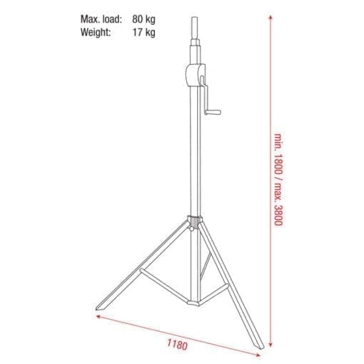 Showtec Basic 3800 Wind-Up statief, max. 380 cm / 80 kg _Uit assortiment J&H licht en geluid 4