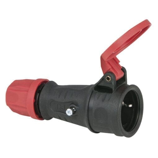 Showtec Rubberen Schuko contrastekker (IP44) met een rode eindkap / klep Connectoren en pluggen J&H licht en geluid